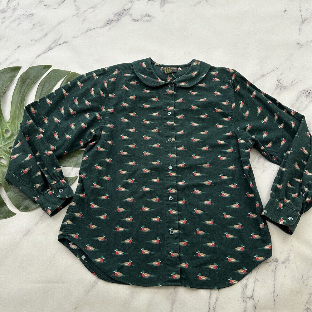 Charter Club Womens Vintage Flannel Shirt Size 10 P Green Ducks Peter Pan Collar